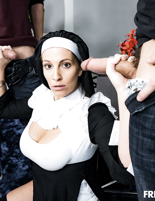 Busty Nun In Stockings Gets Properly Fucked By 2 Young Boys photos (Annie King)